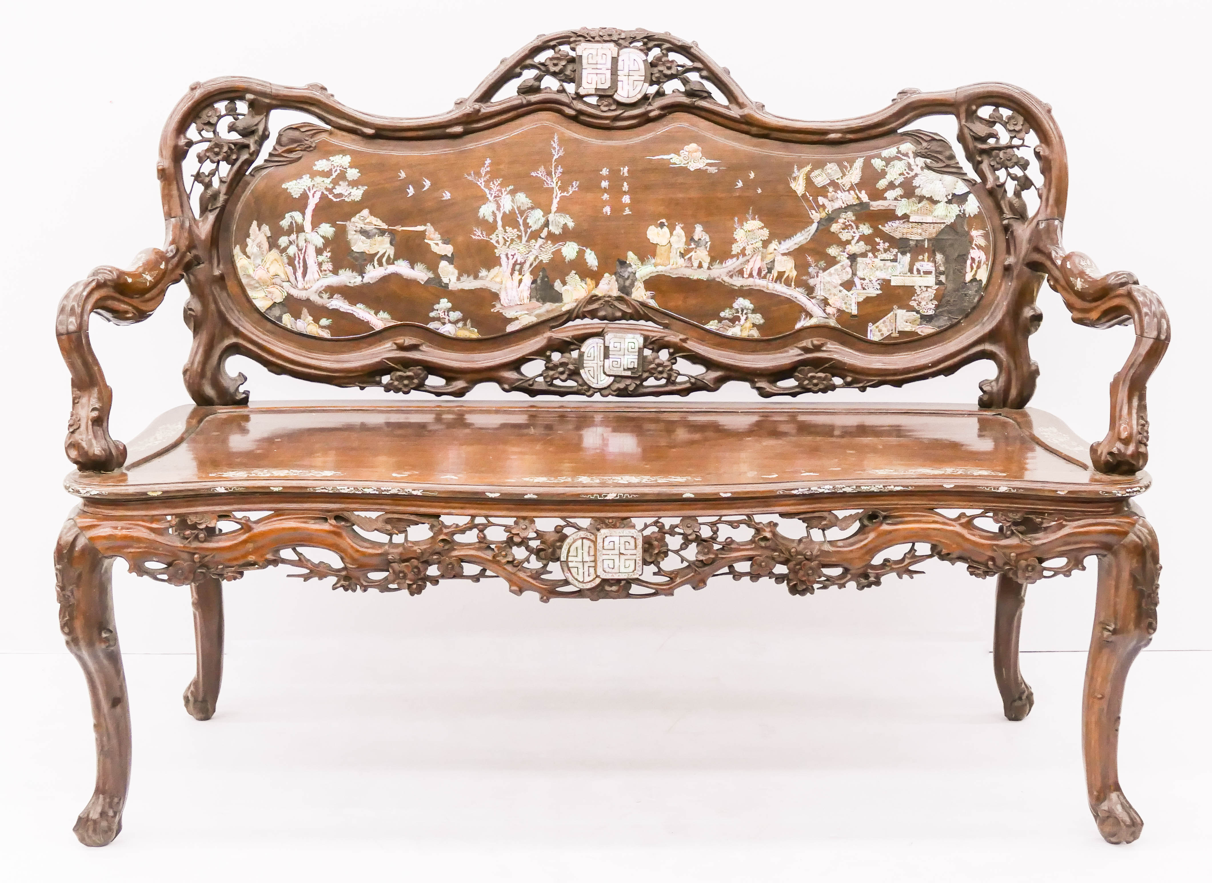 Appraisal: Fine Chinese Qing Inlaid Rosewood Settee Bench ''x ''x ''