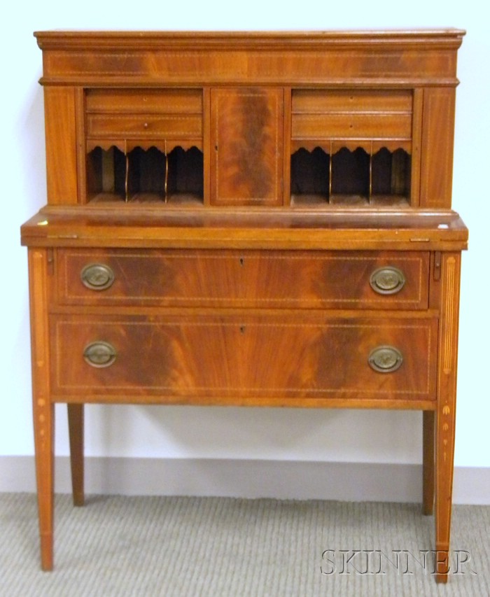 Appraisal: Federal-style Inlaid Mahogany Tambour Writing Desk ht wd in