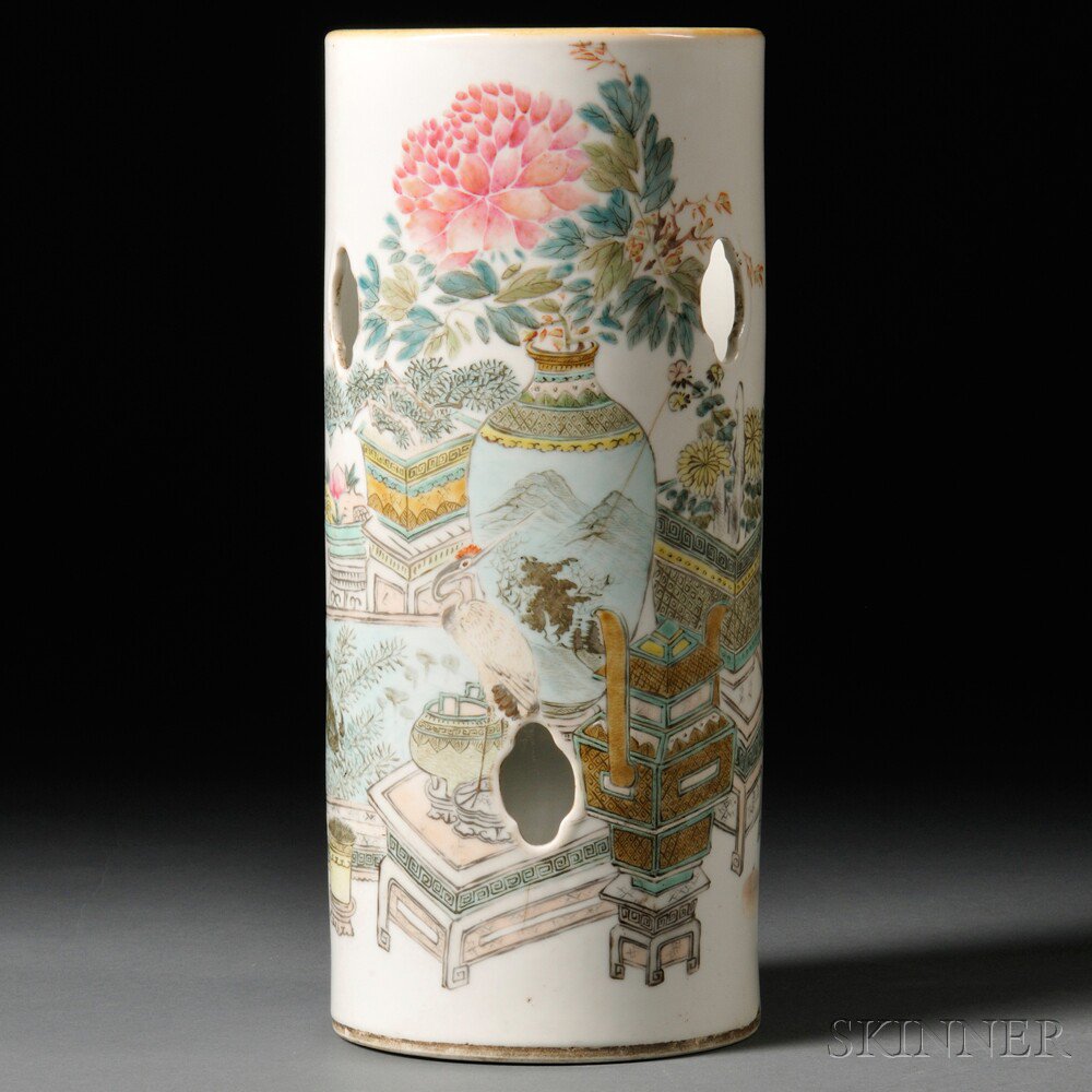 Appraisal: Famille Rose Hat Stand China cylindrical with six quatrefoil apertures