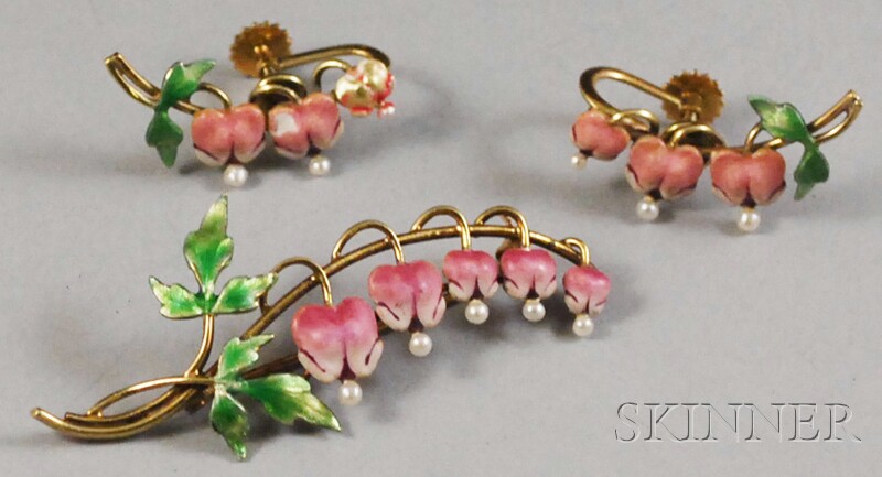 Appraisal: Krementz kt Gold Enamel and Seed Pearl Bleeding Heart Suite