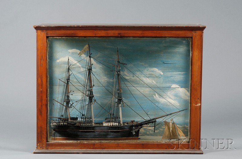 Appraisal: Cased Carved and Painted Wooden Model of the Ship LILLY