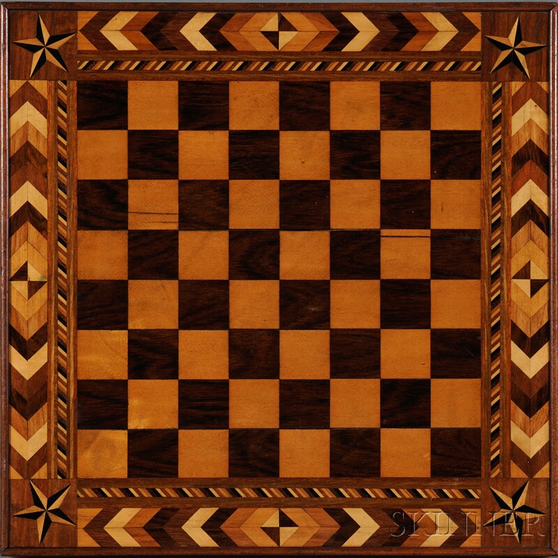 Appraisal: Marquetry-inlaid Checkerboard New York c square game board with applied