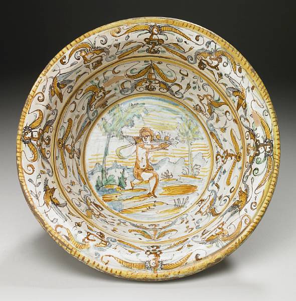 Appraisal: An Italian maiolica bowl late th century Centered by a