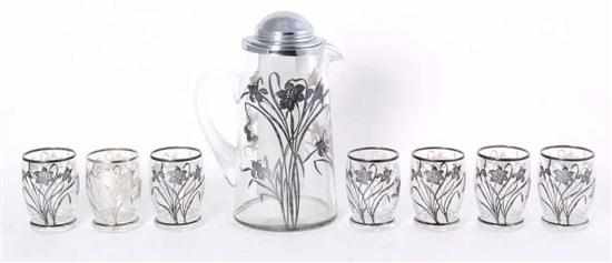 Appraisal: Art Nouveau silver overlay glass beverage set iris and butterfly