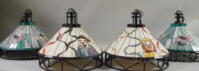 Appraisal: Two Pairs of Modern Leaded Slag Glass Circus-theme Hanging Lights