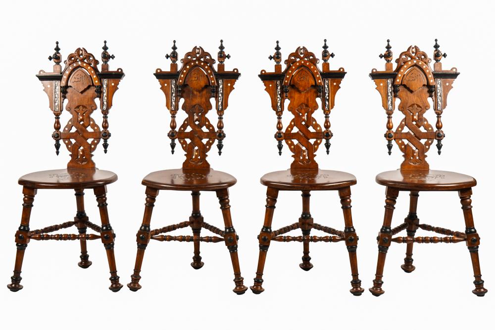 Appraisal: SET OF FOUR MOORISH-STYLE CARVED INLAID HALL CHAIRS st century