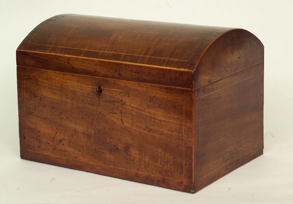 Appraisal: GEORGE III MAHOGANY DOME-TOPPED CASKET late th century outlined in