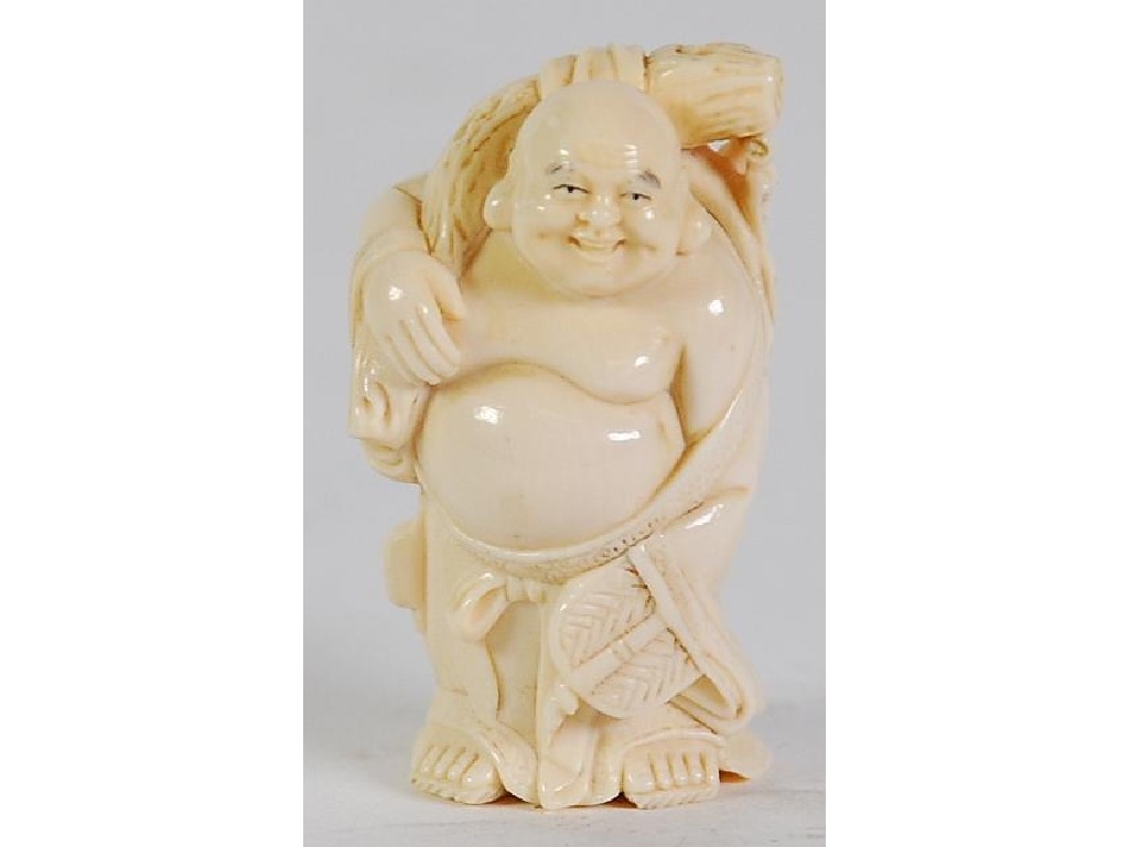 Appraisal: LATE NINETEENTH CENTURY JAPANESE CARVED IVORY NETSUKE of Hotei carrying