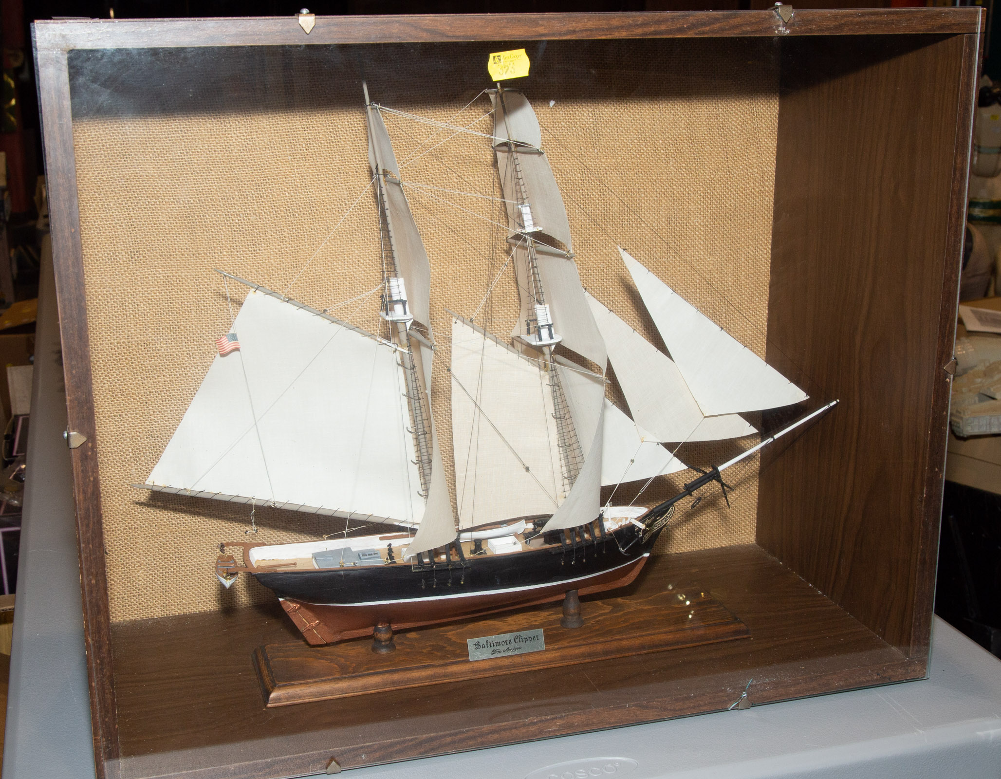 Appraisal: BALTIMORE CLIPPER SHIP MODEL IN WOOD GLASS BOX Shadow box