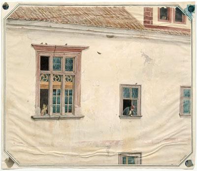 Appraisal: th century Viennese watercolor exterior wall with man leaning on