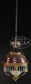 Appraisal: TWO HANGING PARLOR LAMPS ONE WITH CRANBERRY HOBNAIL SHADE Having