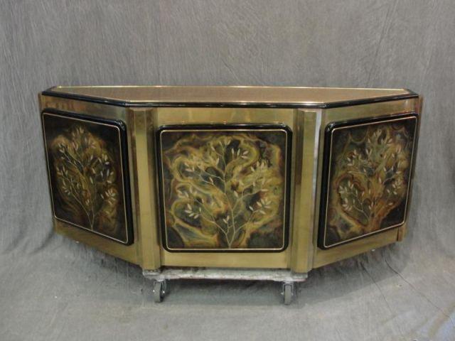 Appraisal: Brass and Black Lacquer Door Console With decorative doors Possibly