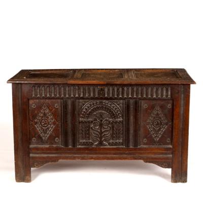 Appraisal: A Jacobean carved and panelled oak coffer cm wide