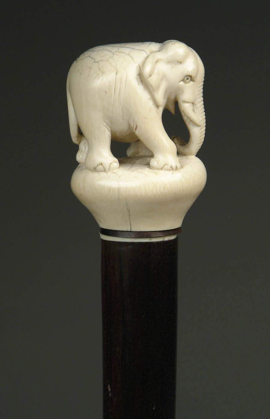 Appraisal: LARGE HEAVY CARVED IVORY ELEPHANT CANE Piece carved elephant stands