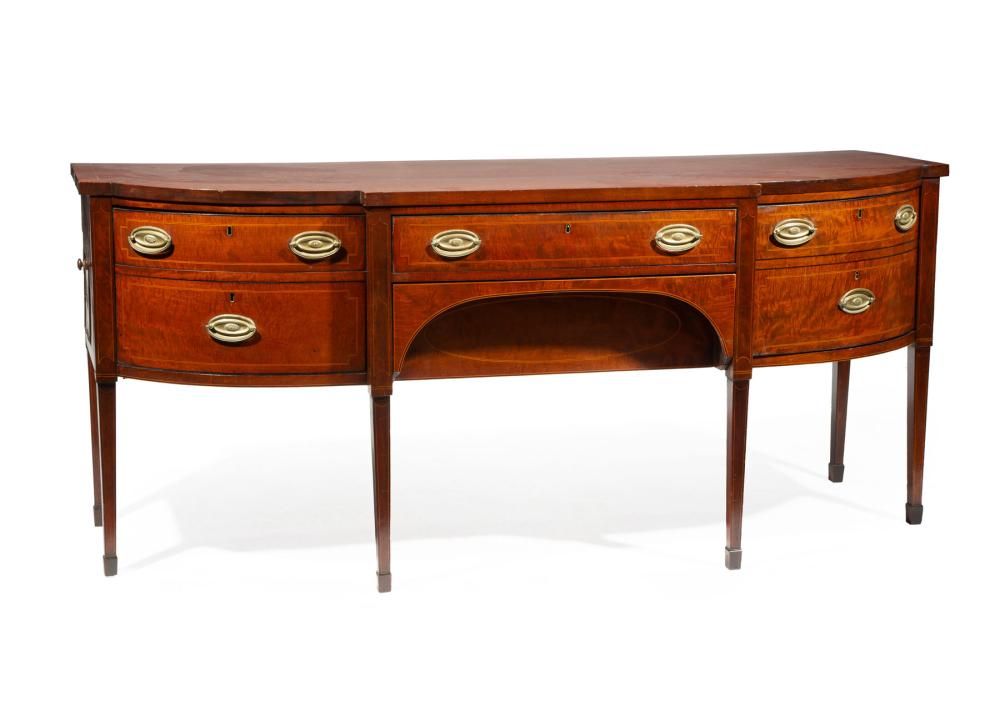 Appraisal: Antique George III-Style Inlaid Mahogany Bowfront Sideboard shaped top frieze