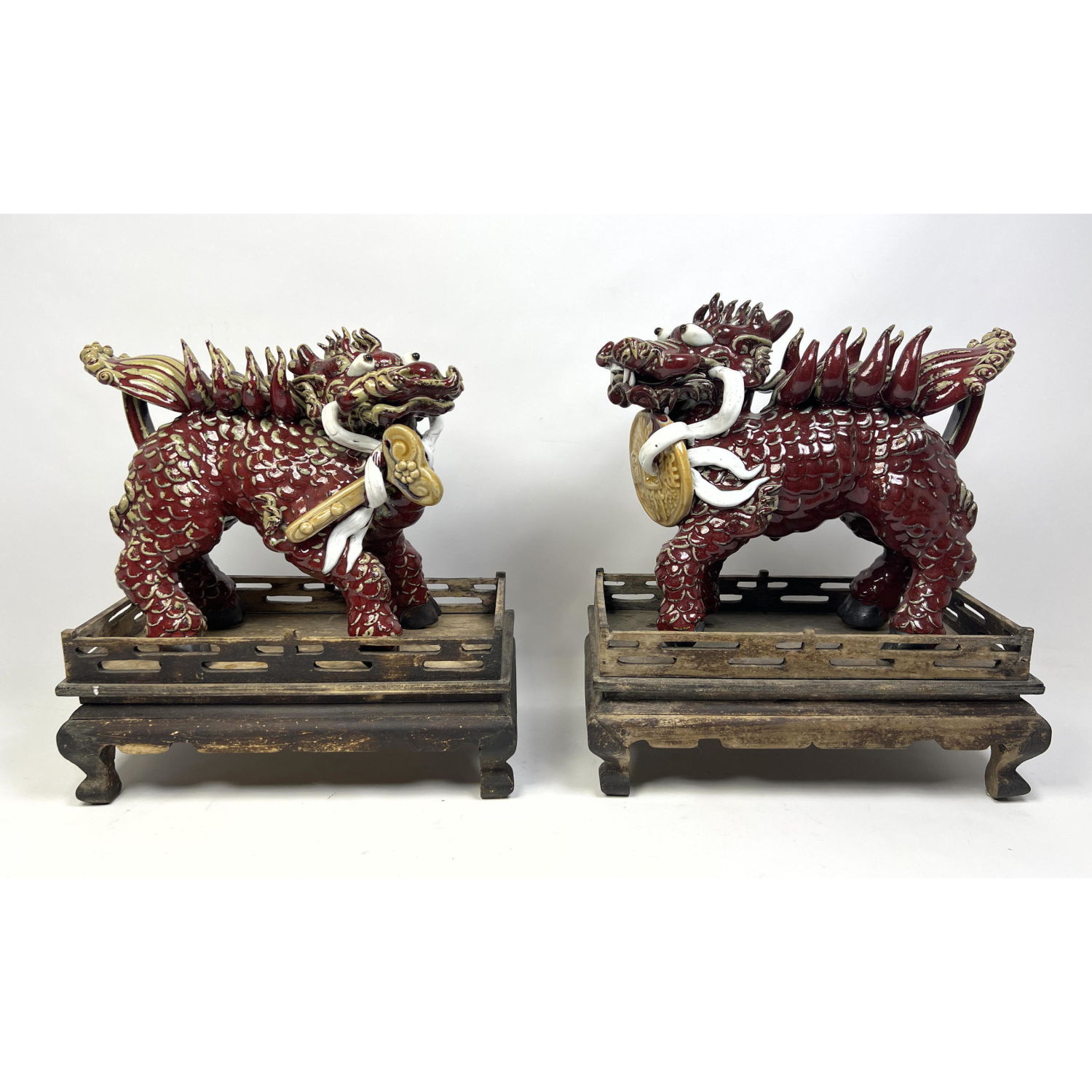 Appraisal: Pr Pottery Mythical Asian Figures Sculptures Possibly Asian Chimeras Polychrome