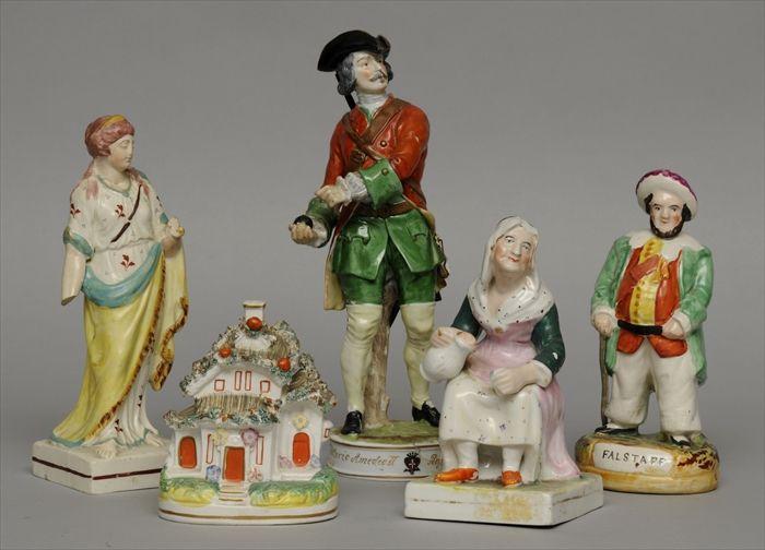 Appraisal: FOUR STAFFORDSHIRE POTTERY ARTICLES Including a figure of Falstaff a