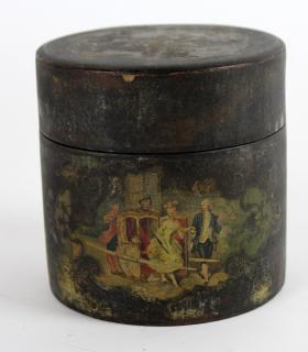 Appraisal: Antique English painted leather button box Antique English painted leather