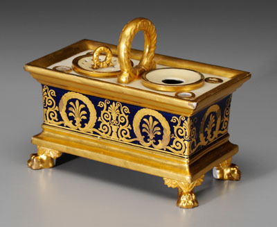 Appraisal: Porcelain ink stand cobalt and gilt with paw feet three