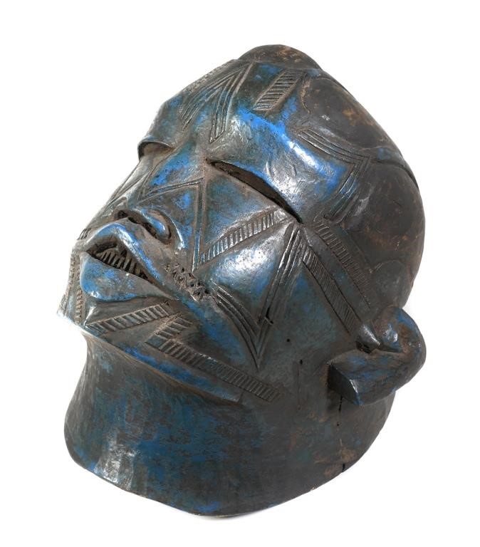 Appraisal: Blue tribal style carved wooden mask with facial tatoos and