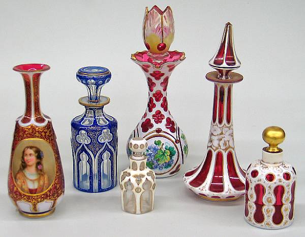 Appraisal: Six Bohemian opaque cased cut to clear glass bottles second