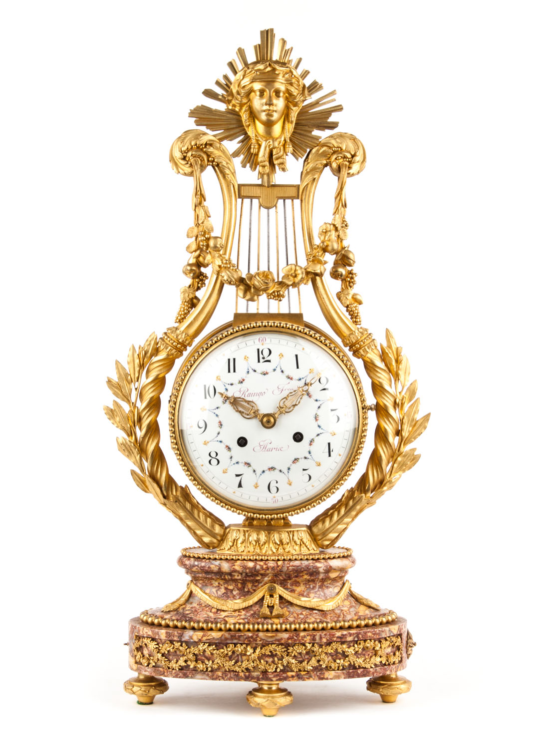 Appraisal: Raingo Freres gilt-bronze and marble lyre clock Paris mid- th