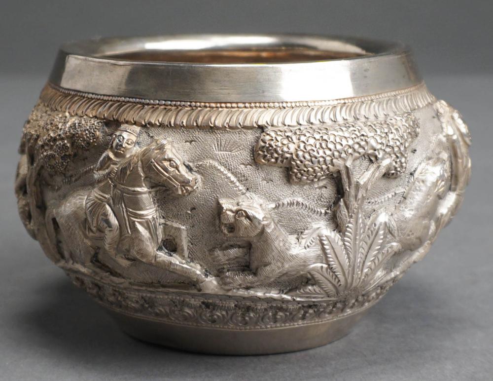 Appraisal: PROBABLY BURMESE TESTED LOW-PURITY SILVER HUNTING SCENE DECORATED BOWL H