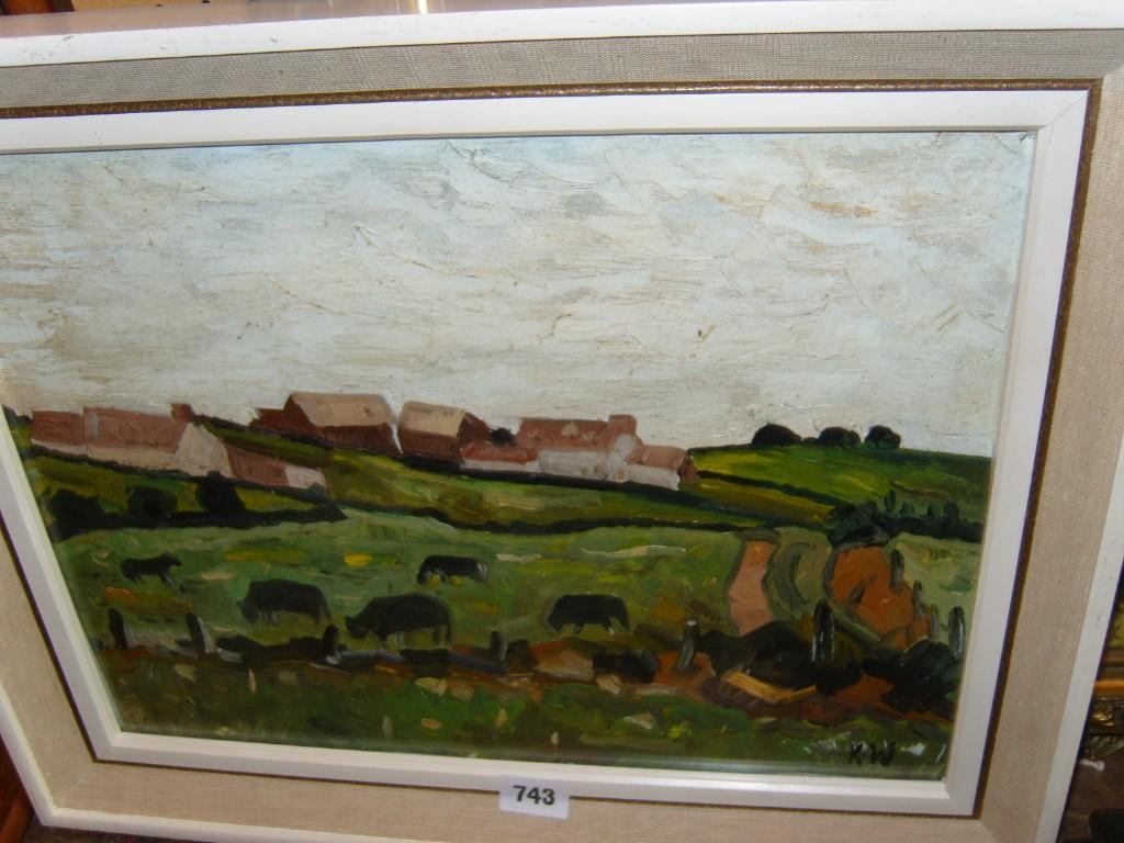 Appraisal: An oil painting on board of a landscape with cattle