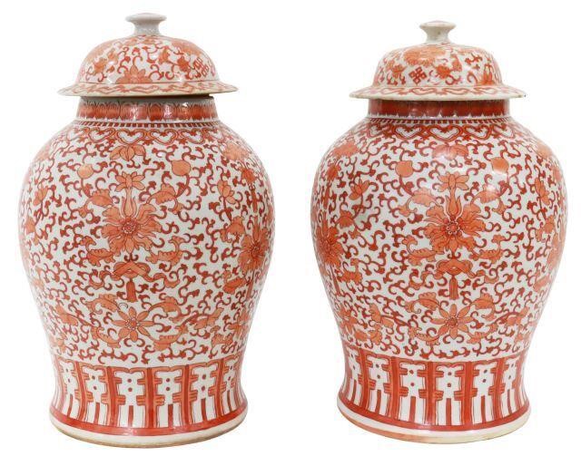 Appraisal: pair Chinese porcelain lidded temple jars having iron red floral