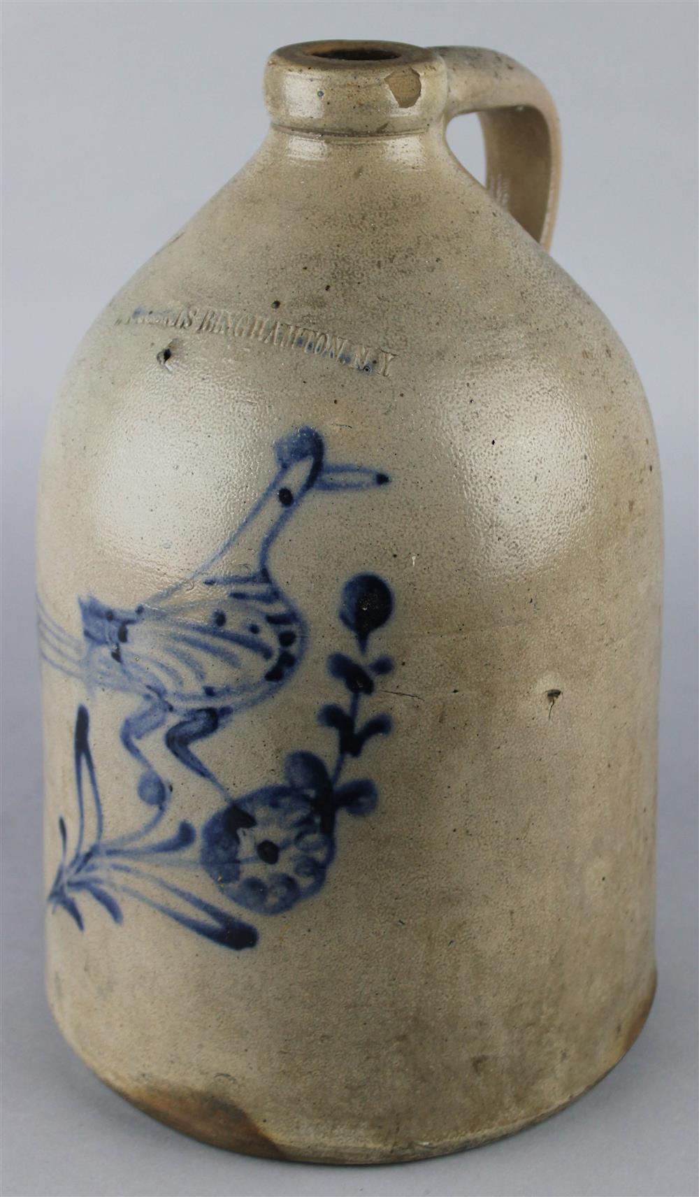 Appraisal: W ROBERTS BINGHAMTON NEW YORK SALT-GLAZED STONEWARE JUG with cobalt