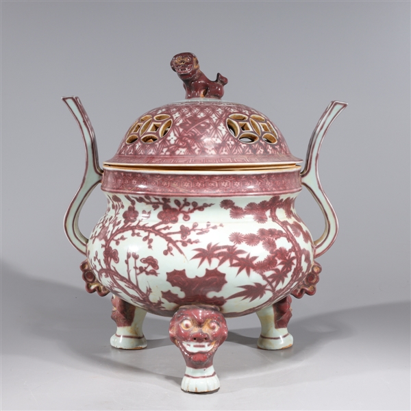 Appraisal: Chinese red and white porcelain tripod covered censer with open