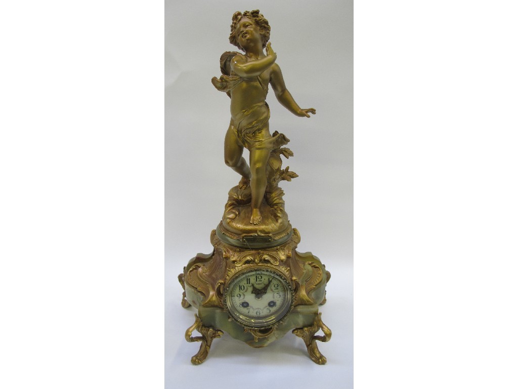 Appraisal: French gilt and green onyx mantel clock with gilt figure