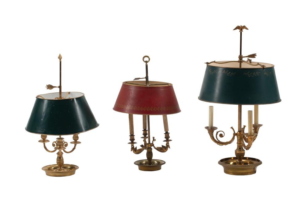 Appraisal: Three French Bouillotte Lamps with adjustable tole shades tallest h