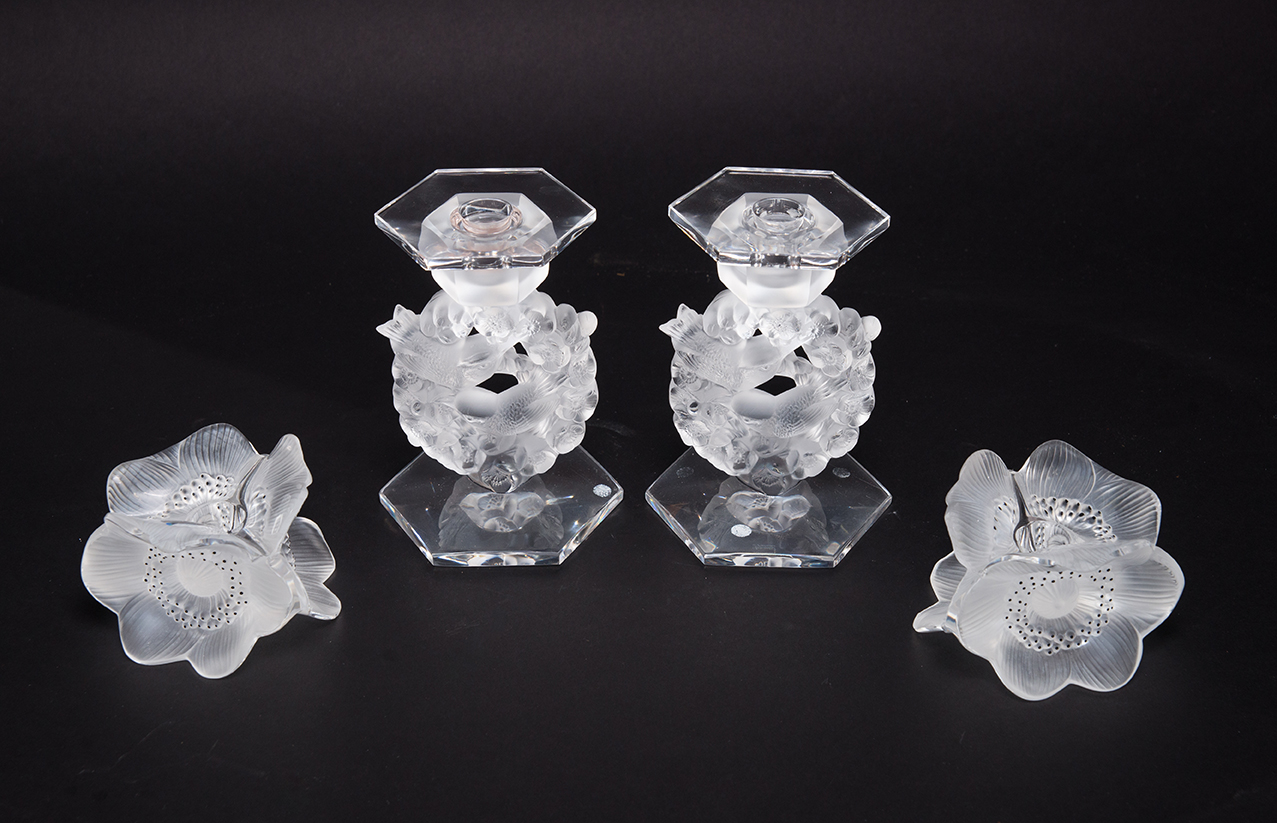 Appraisal: TWO PAIRS OF FROSTED AND CLEAR CRYSTAL GLASS CANDLESTICKS France