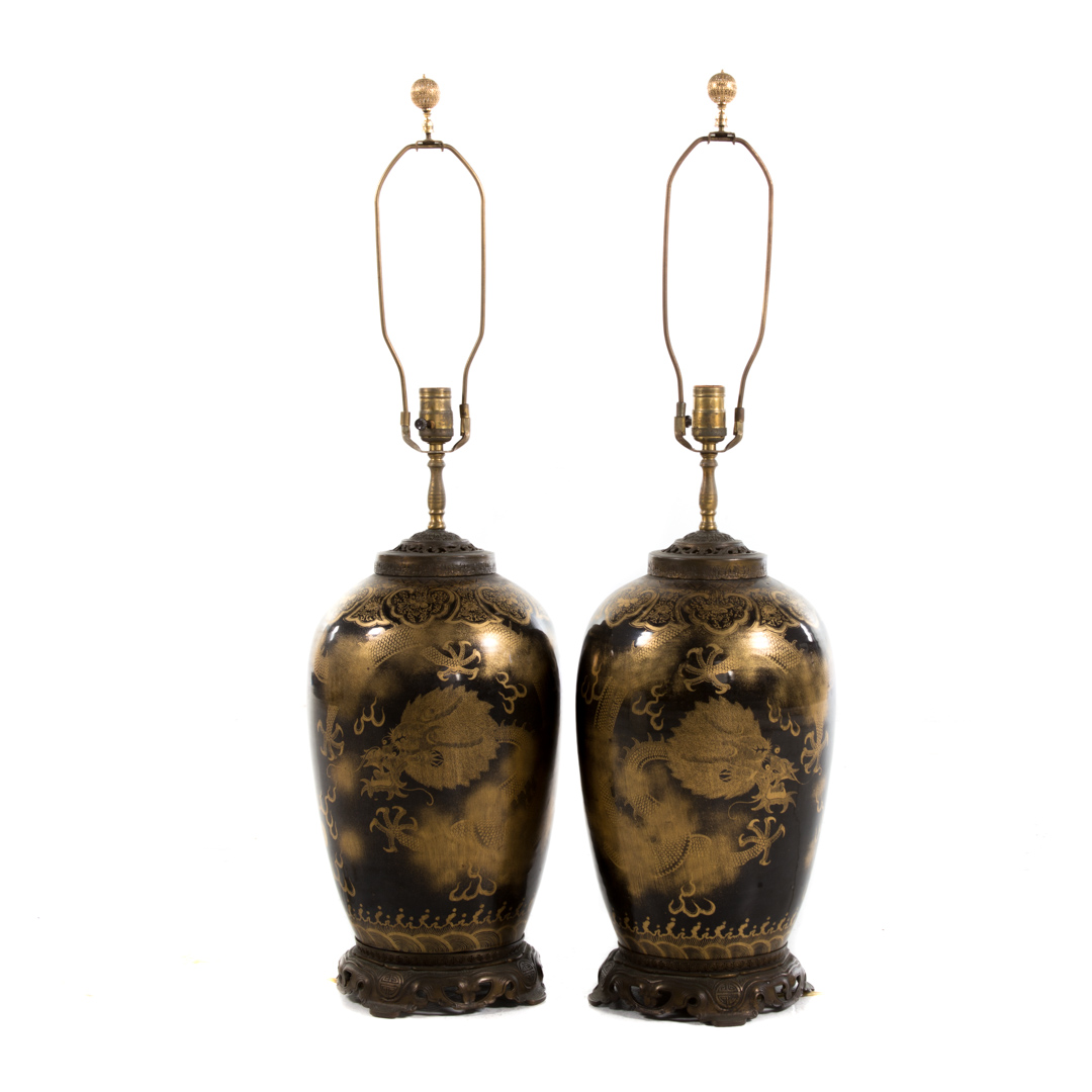 Appraisal: Pair Chinese Export Mirror Black lamps second half- th century