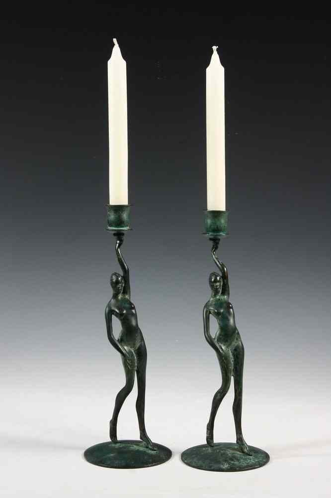 Appraisal: PAIR FIGURAL BRONZE CANDLESTICKS - Pair circa Bronze Candlesticks in