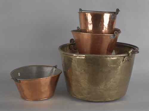 Appraisal: Large brass kettle h dia together with three copper pots