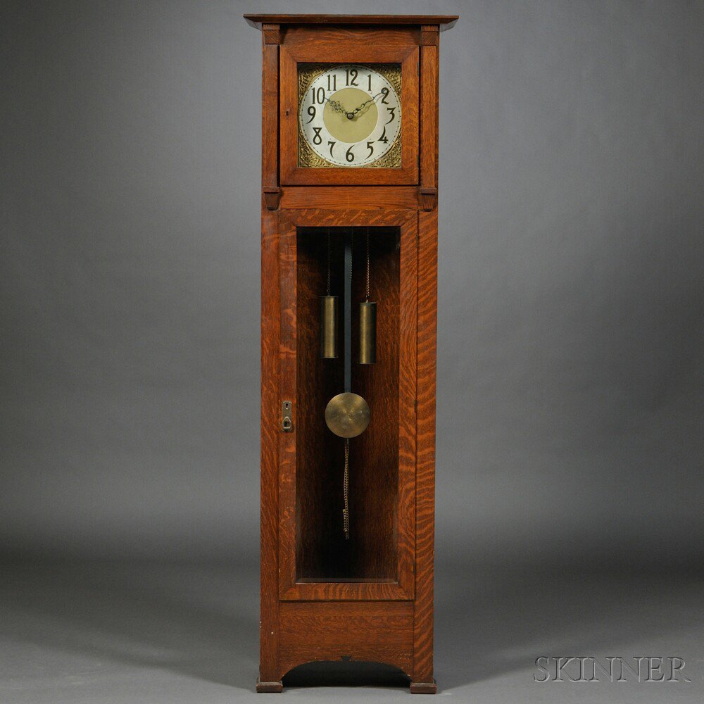 Appraisal: Oak Arts Crafts Tall Clock Germany c the flat-top case