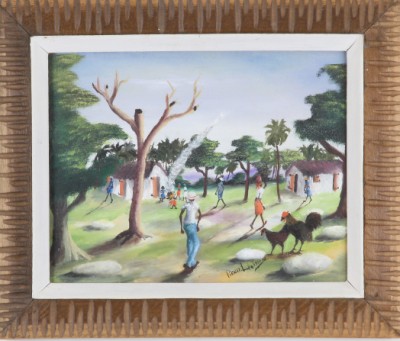 Appraisal: Rural village scene with roosters oil on canvas x SLR