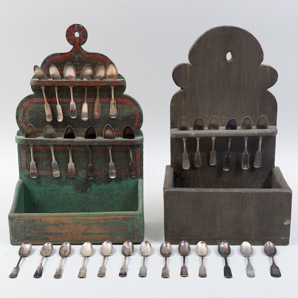 Appraisal: Two American Painted Wood Spoon Racks Together with twenty-one silver