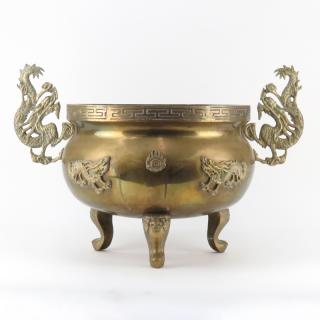 Appraisal: Vintage Chinese Brass Footed Censer Jardiniere Features Dragon motif handles