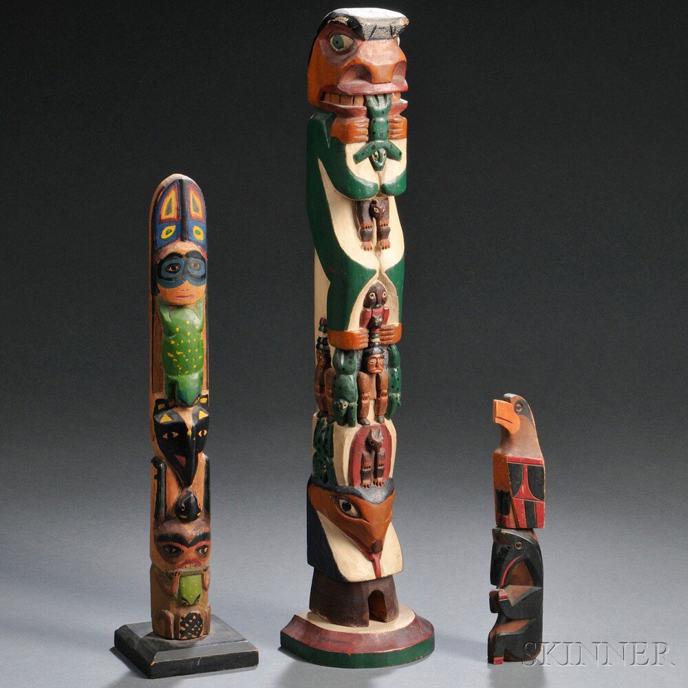 Appraisal: Three Northwest Coast Polychrome Carved Wood Souvenir Totem Poles ht