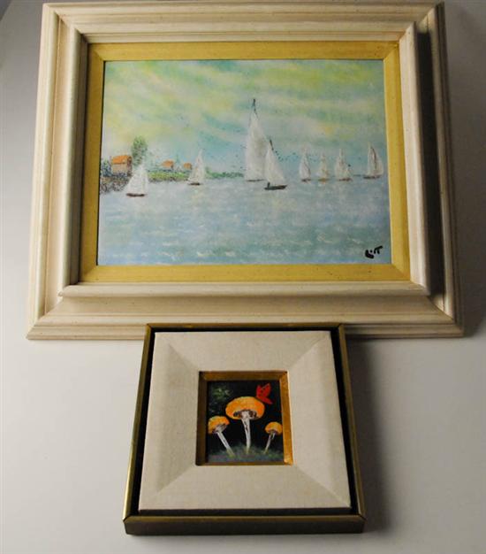 Appraisal: Pair of Signed Litt Enamel Paintings large painting depicting sailboat