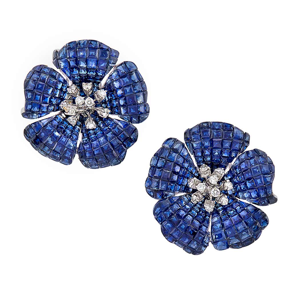 Appraisal: Pair of White Gold Invisibly-Set Sapphire and Diamond Flower Earrings