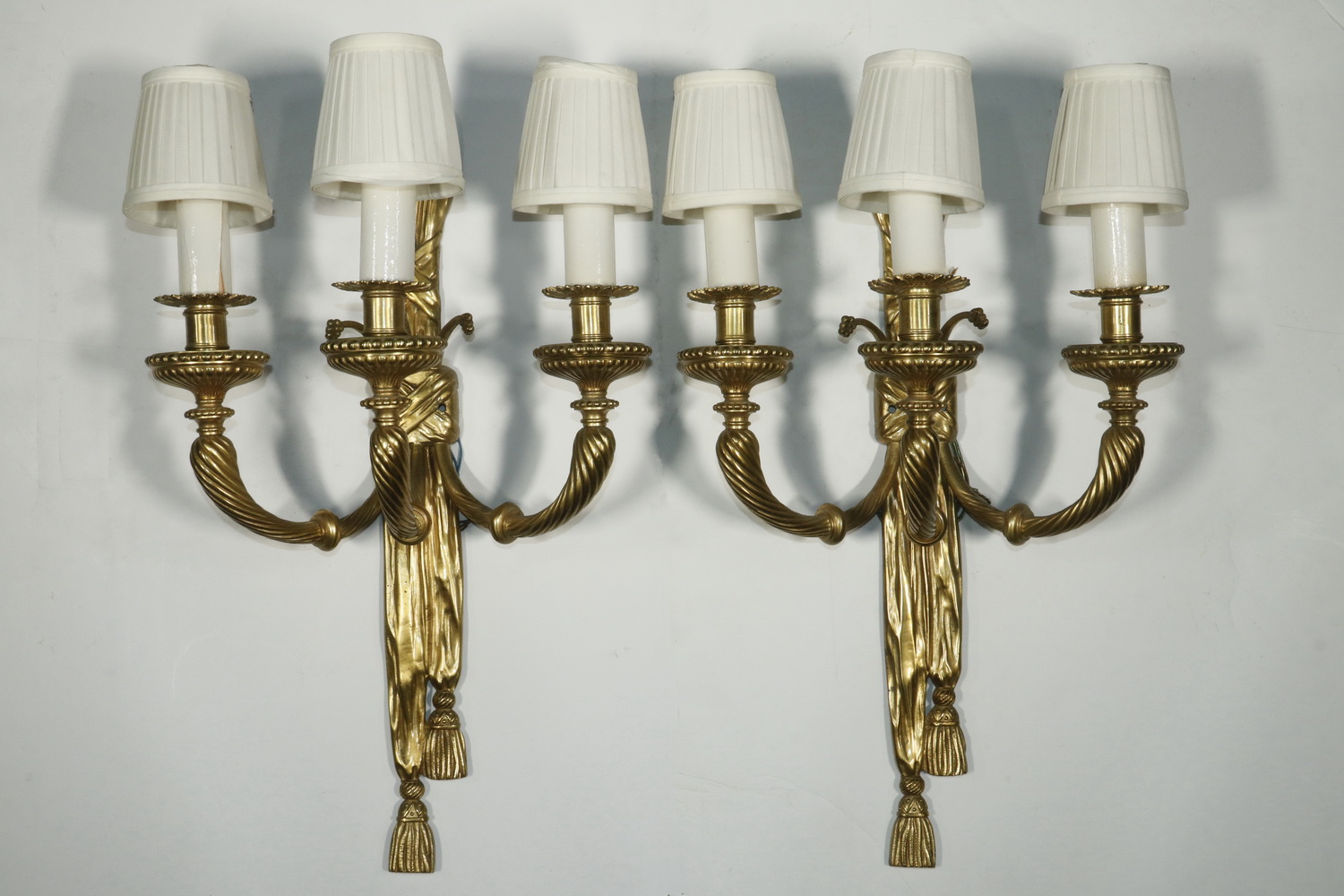 Appraisal: PR FRENCH BRONZE ELECTRIC SCONCES Pair of Gilded Bronze Three-Light