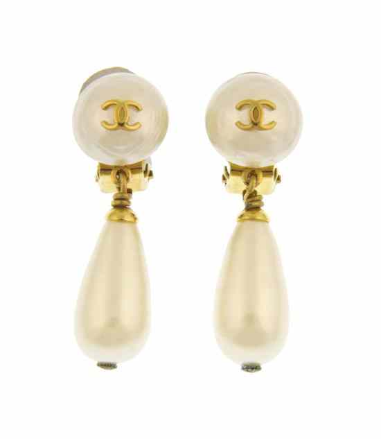 Appraisal: A Pair of Chanel Faux Pearl Ear Pendants with goldtone