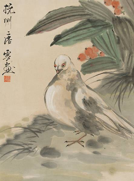 Appraisal: Tang Yun - Peaceful Pigeon Hanging scroll ink and color