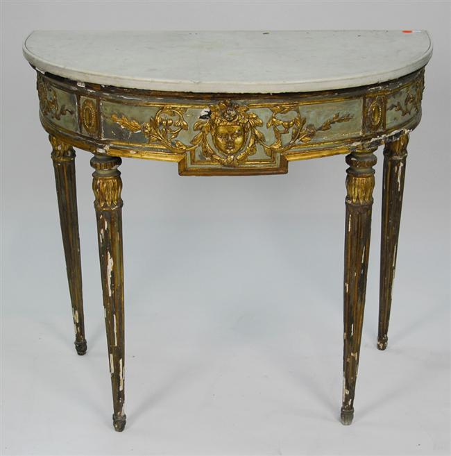 Appraisal: ITALIAN PAINTED AND GILTWOOD MARBLE TOP CONSOLE late th century