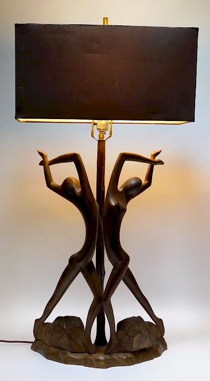 Appraisal: Modern High Style Carved Wood Lamp of Nude Dancers United