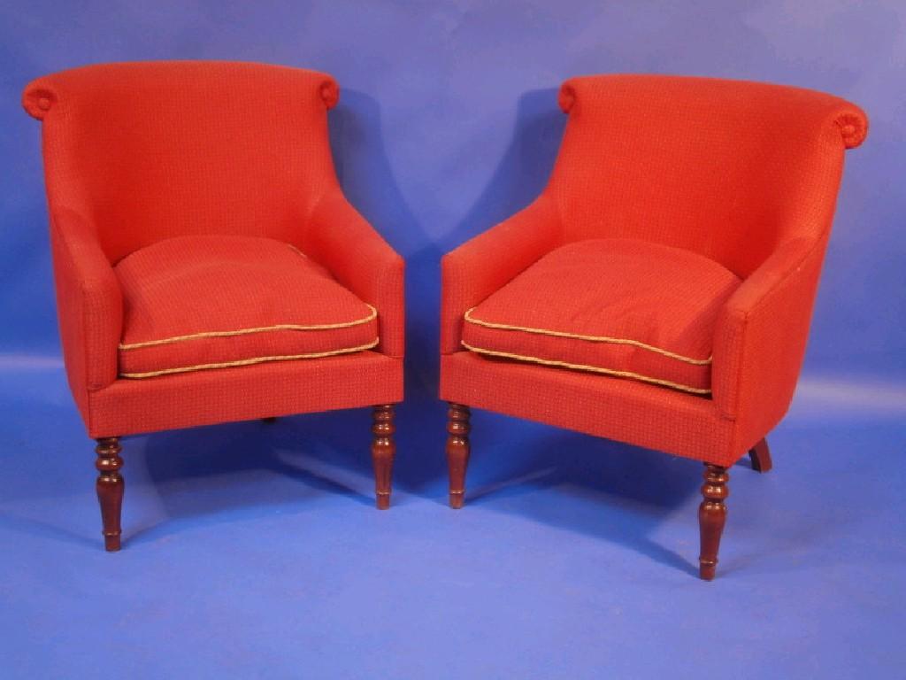 Appraisal: A pair of Victorian style armchairs with scroll backs loose